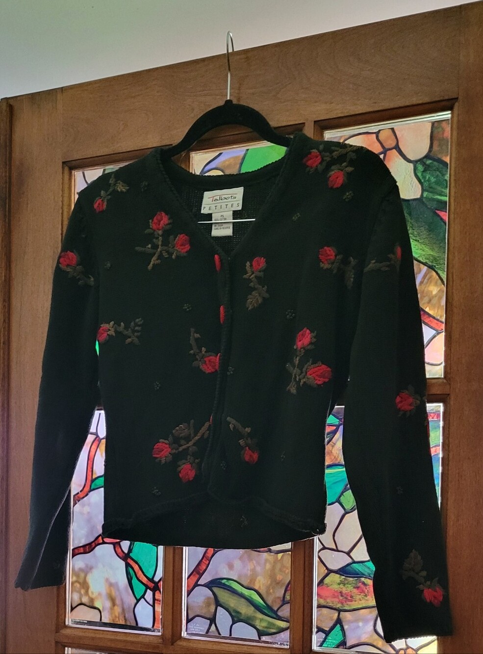 Talbots Black Cardigan with Red Rose Embroidery #13